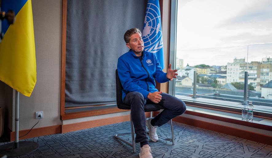 Tom Fletcher, United Nations Under-Secretary-General for Humanitarian Affairs and Emergency Relief Coordinator, speaks during an interview in Kyiv, Ukraine, Wednesday, Aug. 19, 2026. (AP Photo/Dan Bashakov)