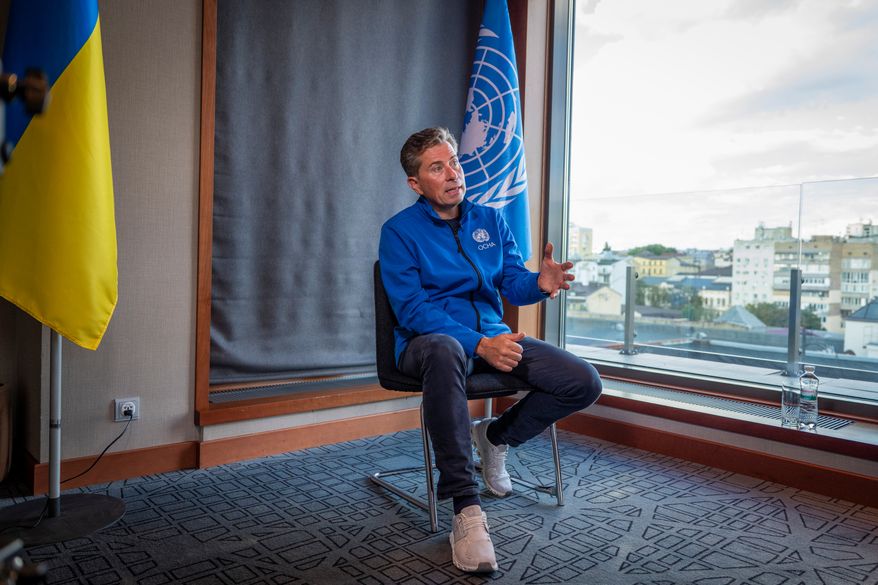 Tom Fletcher, United Nations Under-Secretary-General for Humanitarian Affairs and Emergency Relief Coordinator, speaks during an interview in Kyiv, Ukraine, Wednesday, Aug. 19, 2026. (AP Photo/Dan Bashakov)