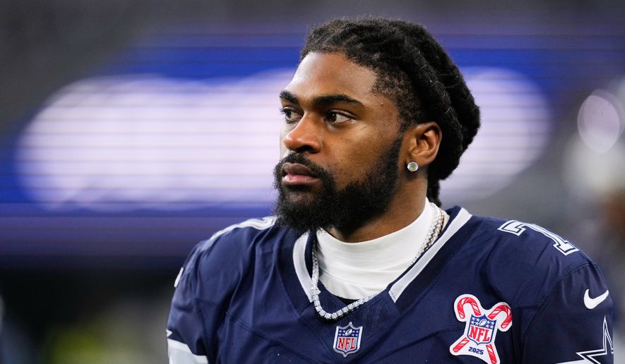 FILE - Dallas Cowboys cornerback Trevon Diggs (7) walks along the sideline during the first half of an NFL football game against the Los Angeles Chargers, Dec. 21, 2025, in Arlington, Texas. (AP Photo/Tony Gutierrez, File)