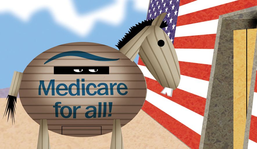 "Medicare for All" Trojan horse illustration by Alexander Hunter/The Washington Times