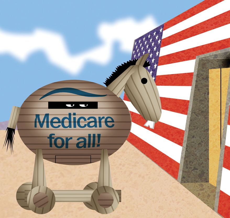 "Medicare for All" Trojan horse illustration by Alexander Hunter/The Washington Times