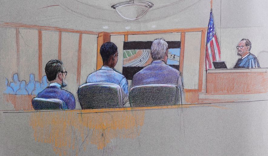 FILE - A courtroom sketch provided by Pat Lopez shows Karmelo Anthony, center, at the defense table, the jury on the left and the presiding judge on the right, June 4, 2026, in McKinney, Texas, during the trial of a teen accused of fatally stabbing another during a track meet in suburban Dallas last year. (Pat Lopez via AP, File)