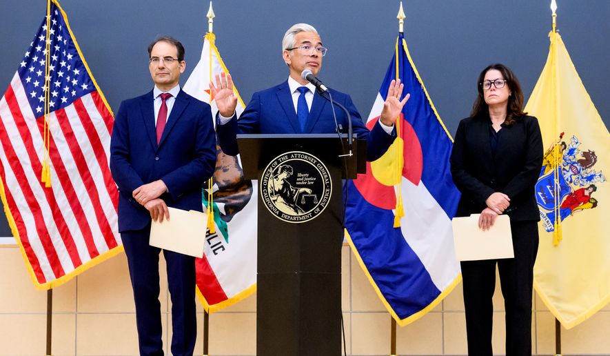 California Attorney General Rob Bonta discusses a lawsuit against Meta during a press conference on Tuesday, Aug. 18, 2026, in Oakland, Calif. Joining him are Colorado Attorney General Philip Weiser, and New Jersey Attorney General Jennifer Davenport. (AP Photo/Noah Berger)