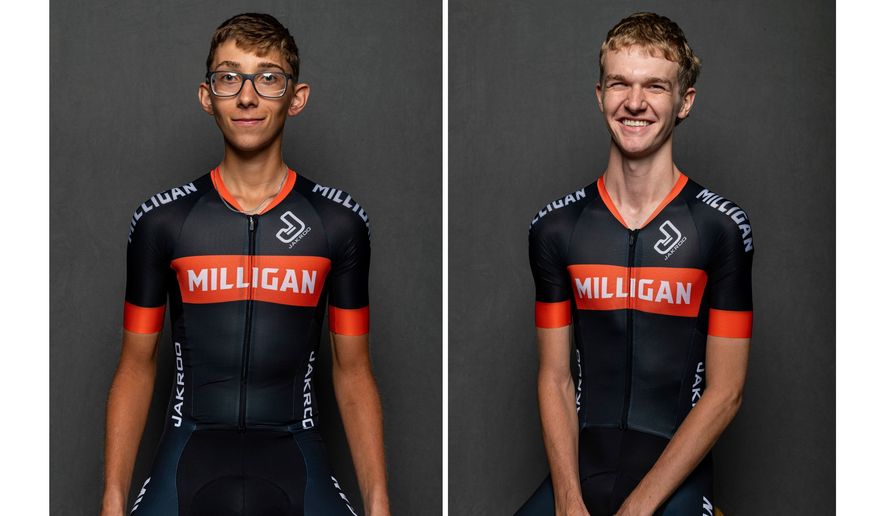 This combination of undated photos provided by Milligan University show student cyclists Haylan Engdahl, left, and Brayden Rogers, who were killed in a car crash in Hampton, Tenn., Wednesday, Aug. 19, 2026. (Milligan University via AP)