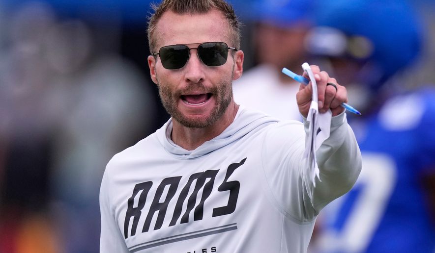 Los Angeles Rams head coach Sean McVay gestures during an NFL football joint practice against the Dallas Cowboys, Tuesday, Aug. 11, 2026, in Los Angeles. (AP Photo/Mark J. Terrill)