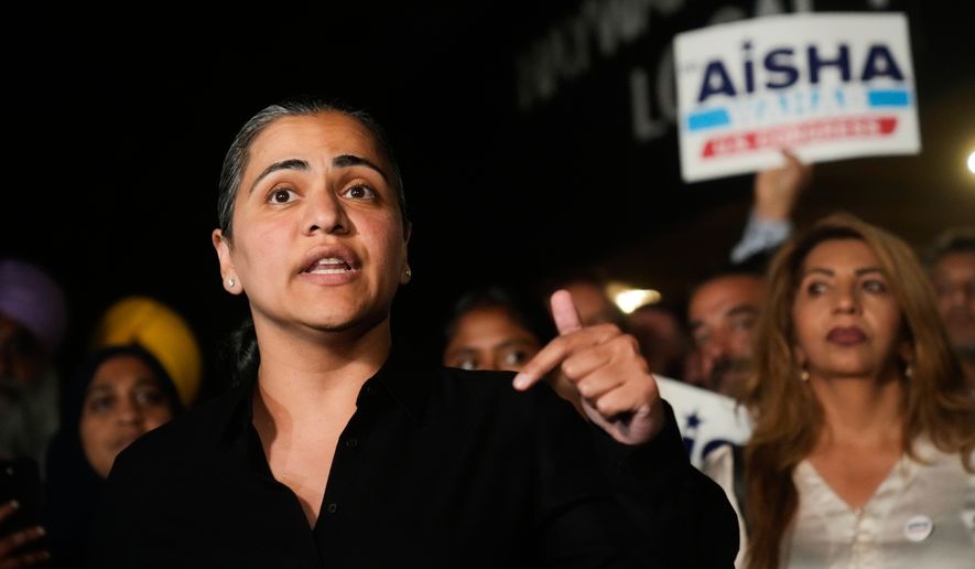State Sen. Aisha Wahab, a Democratic candidate for Congress in California's 14th district, speaks during a primary election night event on Tuesday, Aug. 18, 2026, in Hayward, Calif. (AP Photo/Jeff Chiu)