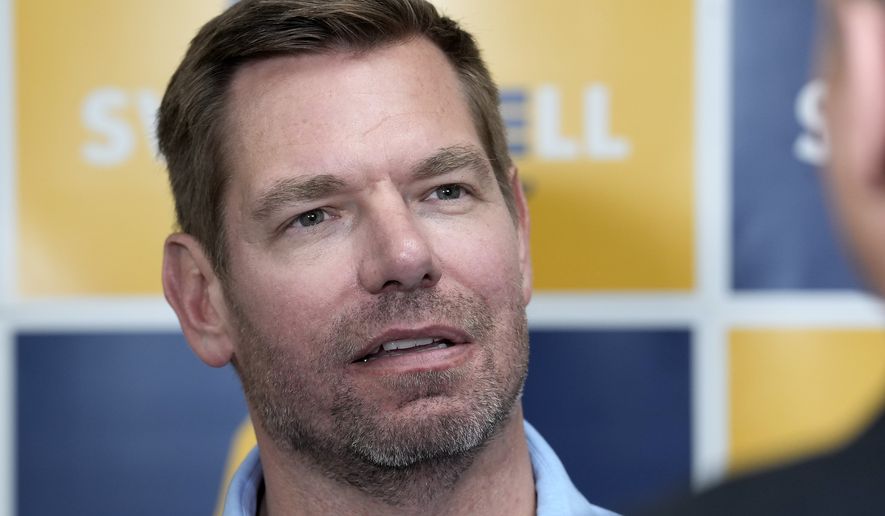Then-Rep. Eric Swalwell, D-Calif., talks with reporters after holding a town hall meeting in Sacramento, Calif., on April 7, 2026. (AP Photo/Rich Pedroncelli) **FILE**