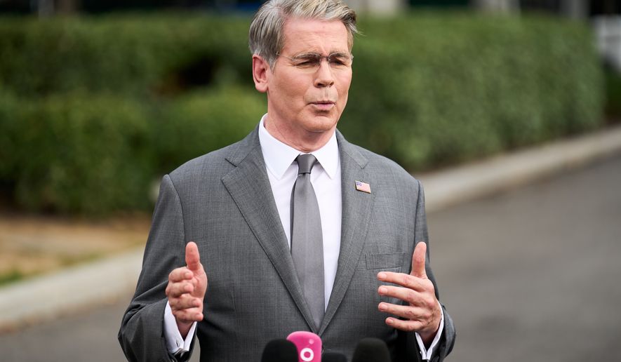 Treasury Secretary Scott Bessent speaks to members of the media outside the White House in Washington, Thursday, Aug. 20, 2026. (AP Photo/Jacquelyn Martin)