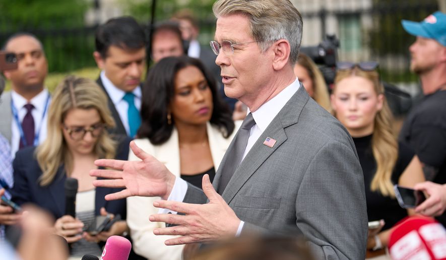 Treasury Secretary Scott Bessent speaks to members of the media outside the White House in Washington, Thursday, Aug. 20, 2026. (AP Photo/Jacquelyn Martin)