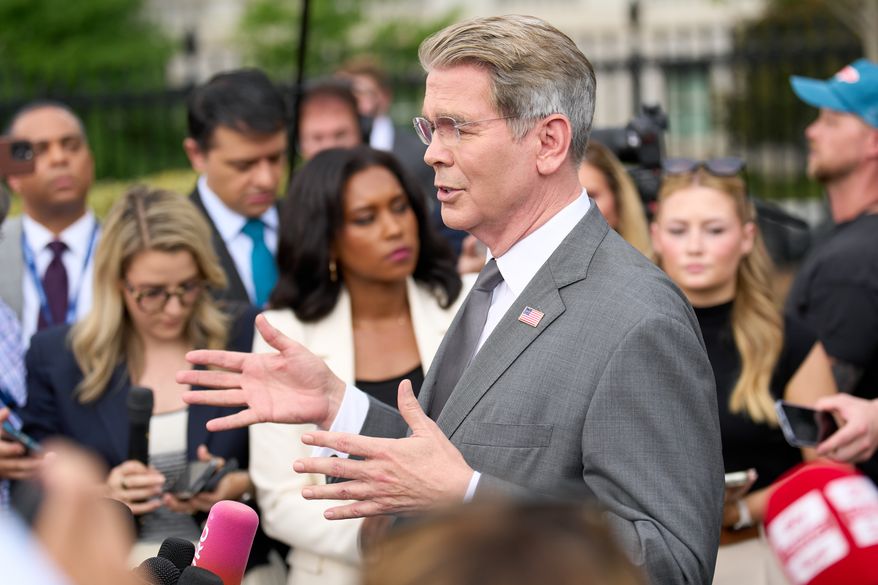 Treasury Secretary Scott Bessent speaks to members of the media outside the White House in Washington, Thursday, Aug. 20, 2026. (AP Photo/Jacquelyn Martin)