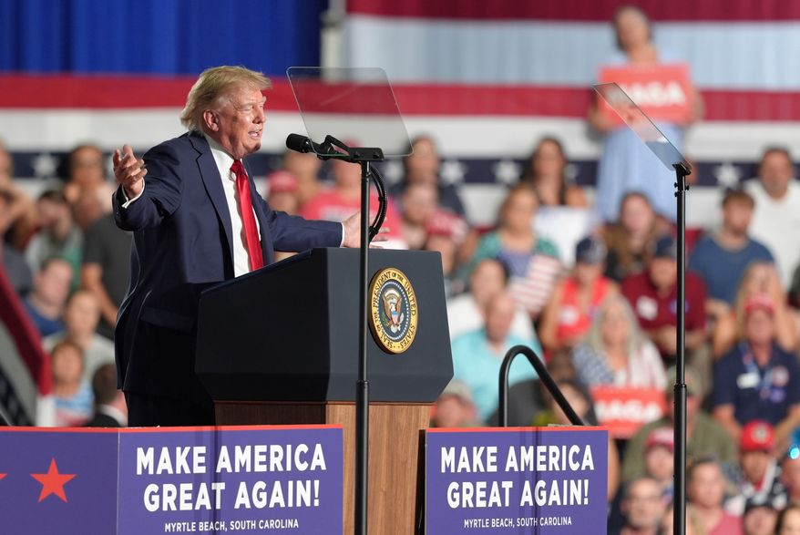 President Donald Trump speaks at a campaign rally for Sen. Darline Graham, R-S.C., at the Myrtle Beach Convention Center in Myrtle Beach, S.C., Friday, Aug. 21, 2026. (AP Photo/Jacquelyn Martin)