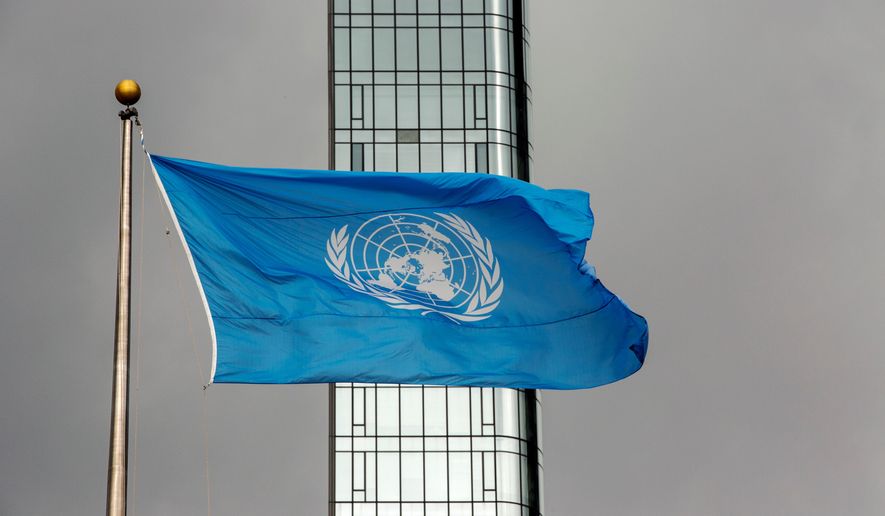 The U.N. flag flies on a stormy day at the United Nations during the United Nations General Assembly, Sept. 22, 2022. (AP Photo/Ted Shaffrey, File)