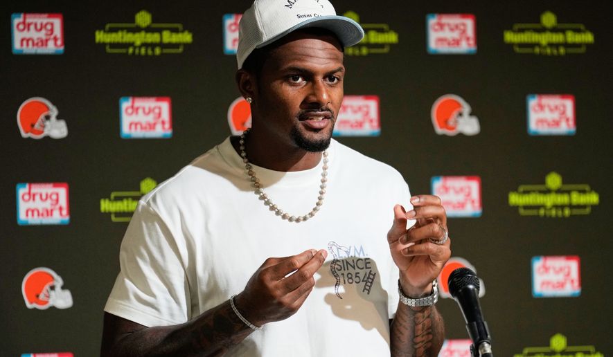 Cleveland Browns quarterback Deshaun Watson speaks at a press conference after an NFL preseason football game against the Buffalo Bills, Saturday, Aug. 22, 2026, in Cleveland. (AP Photo/Carolyn Kaster)