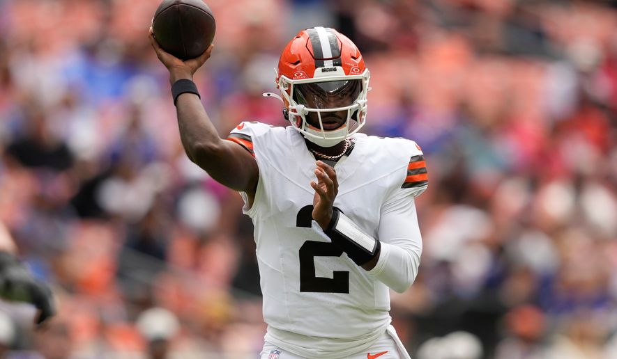 Cleveland Browns quarterback Shedeur Sanders throws during the first half of an NFL preseason football game against the Buffalo Bills, Saturday, Aug. 22, 2026, in Cleveland. (AP Photo/Carolyn Kaster)