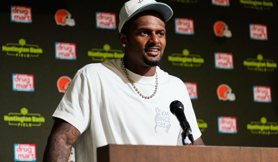 Cleveland Browns quarterback Deshaun Watson speaks at a press conference after an NFL preseason football game against the Buffalo Bills, Saturday, Aug. 22, 2026, in Cleveland. (AP Photo/Carolyn Kaster)
