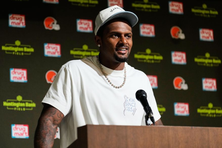 Cleveland Browns quarterback Deshaun Watson speaks at a press conference after an NFL preseason football game against the Buffalo Bills, Saturday, Aug. 22, 2026, in Cleveland. (AP Photo/Carolyn Kaster)