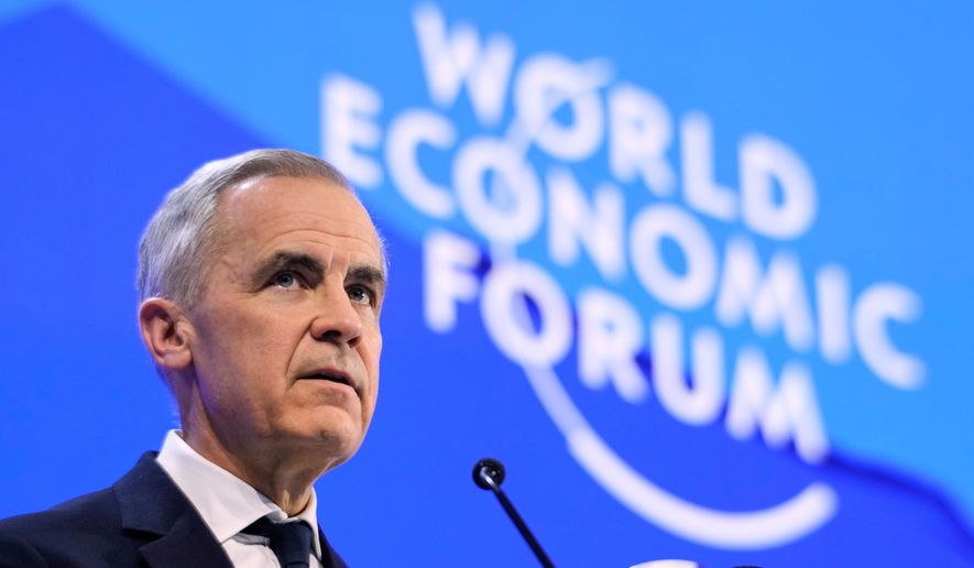 FILE - Canada's Prime Minister Mark Carney speaks during the Annual Meeting of the World Economic Forum in Davos, Switzerland, Jan. 20, 2026. (AP Photo/Markus Schreiber, File)