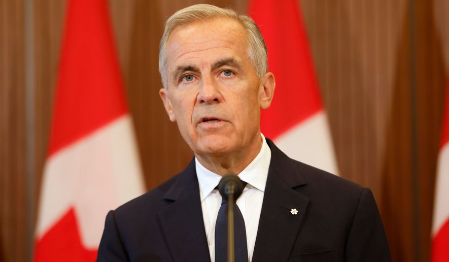 Prime Minister Mark Carney speaks about Canada's response to new U.S. tariffs during a news conference on Parliament Hill in Ottawa on Saturday, Aug. 22, 2026. (Patrick Doyle/The Canadian Press via AP)