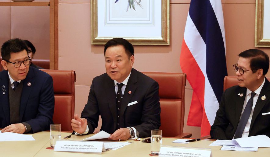 Thailand's Prime Minister Anutin Charnvirakul, center, speaks during a meeting with Australian Prime Minister Anthony Albanese, unseen, at Parliament House in Canberra, Australia, Wednesday, Aug. 19, 2026. (Hilary Wardhaugh/Pool Photo via AP)