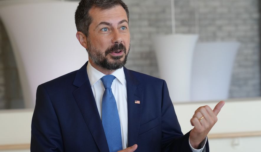 Former Transportation Secretary Pete Buttigieg speaks to reporters after speaking at the South Carolina Democratic Party's Spratt Issues Conference, Saturday, Aug. 22, 2026, in Florence, S.C. (AP Photo/Meg Kinnard)