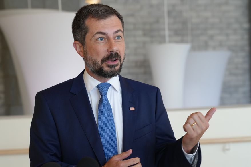 Former Transportation Secretary Pete Buttigieg speaks to reporters after speaking at the South Carolina Democratic Party's Spratt Issues Conference, Saturday, Aug. 22, 2026, in Florence, S.C. (AP Photo/Meg Kinnard)