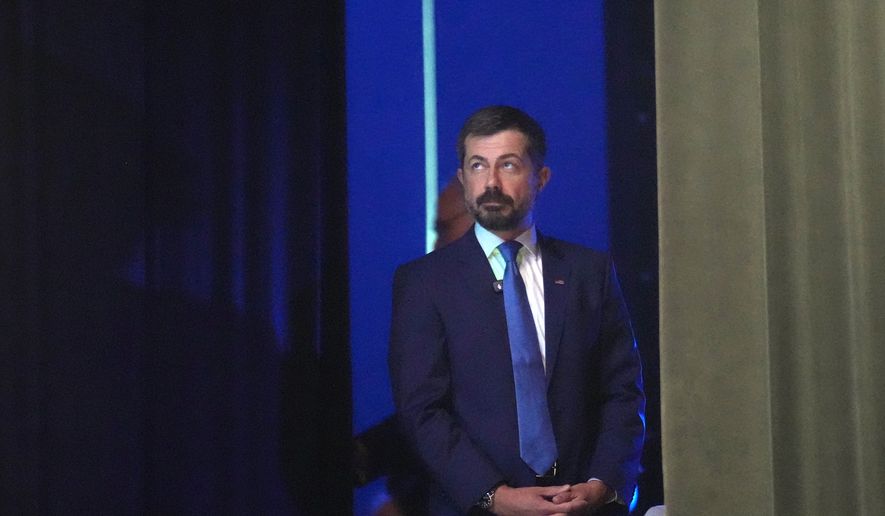Former Transportation Secretary Pete Buttigieg waits to be introduced at the South Carolina Democratic Party's Spratt Issues Conference, Saturday, Aug. 22, 2026, in Florence, S.C. (AP Photo/Meg Kinnard)