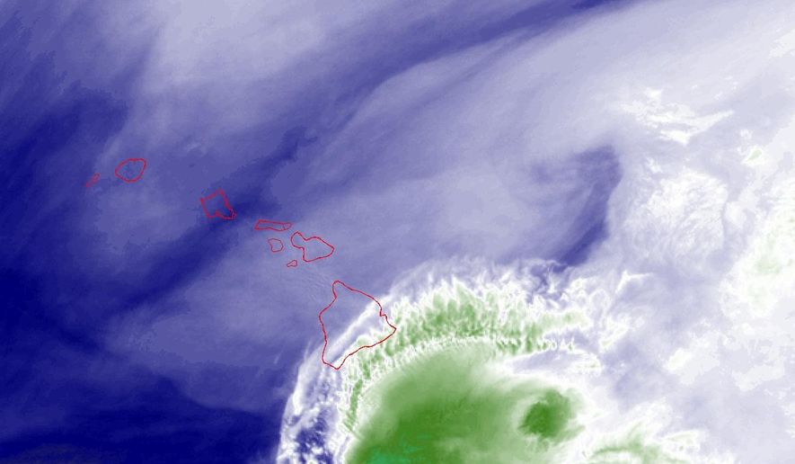 This NOAA satellite image taken Sunday, Aug. 23, 2026, shows the water vapor of Tropical Storm Moke as it advanced toward Hawaii's Big Island. (NOAA via AP)