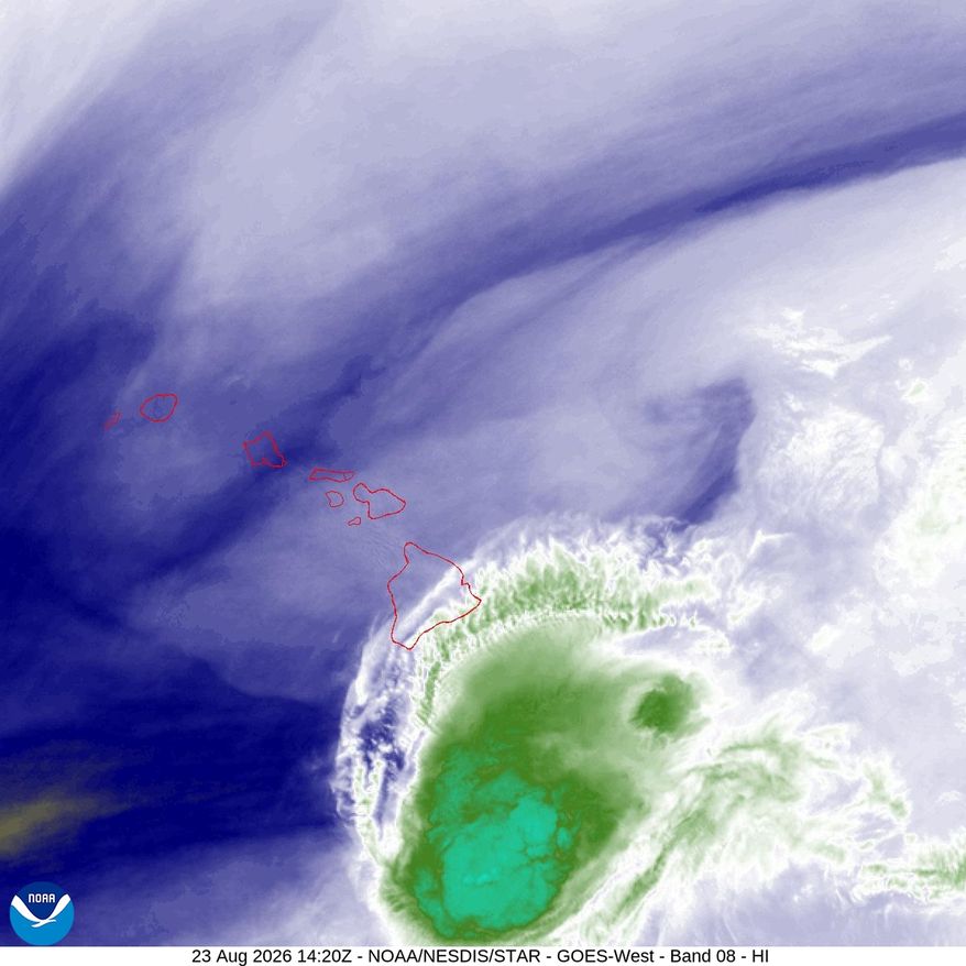 This NOAA satellite image taken Sunday, Aug. 23, 2026, shows the water vapor of Tropical Storm Moke as it advanced toward Hawaii's Big Island. (NOAA via AP)