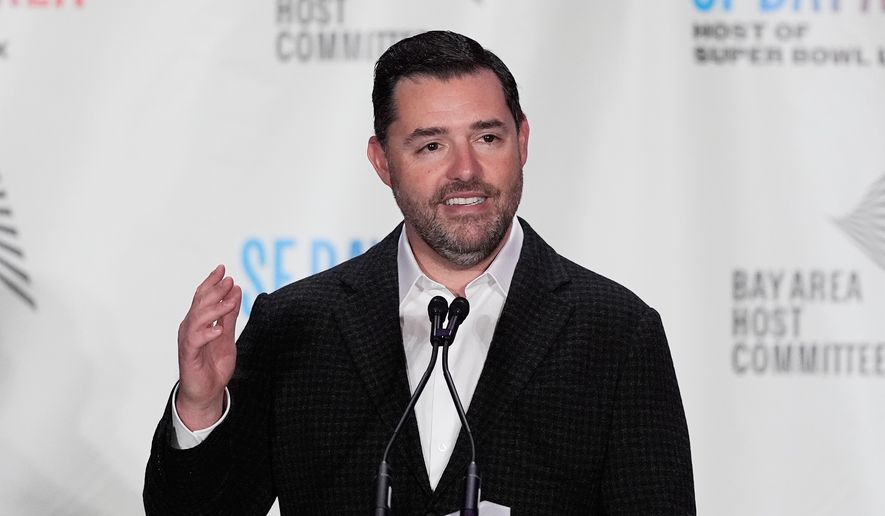 FILE - San Francisco 49ers team owner Jed York speaks at a news conference in San Francisco, Monday, Feb. 2, 2026. (AP Photo/Jeff Chiu, File)
