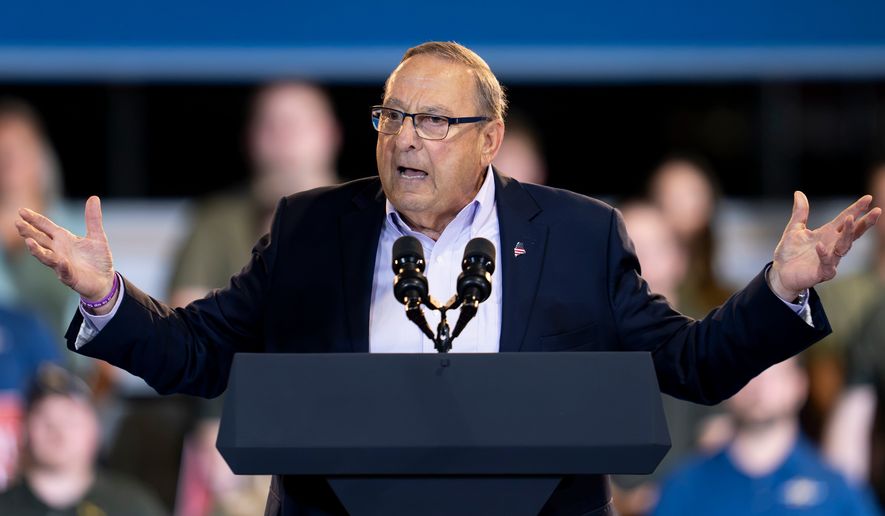Former Maine Gov. Paul LePage, a candidate for Maine's second congressional House district, greets supporters before Vice President JD Vance speaks during a visit to Compotech, a composite technology company, Monday, Aug. 24, 2026, in Brewer, Maine. (AP Photo/Gabe Souza)