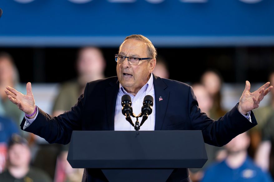 Former Maine Gov. Paul LePage, a candidate for Maine's second congressional House district, greets supporters before Vice President JD Vance speaks during a visit to Compotech, a composite technology company, Monday, Aug. 24, 2026, in Brewer, Maine. (AP Photo/Gabe Souza)