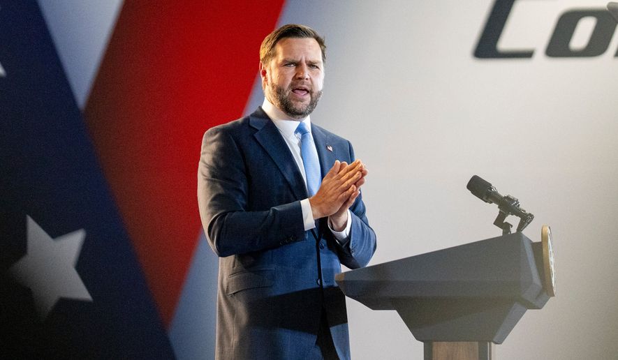 Vice President JD Vance speaks during a visit to Compotech, a composite technology company, Monday, Aug. 24, 2026, in Brewer, Maine. (AP Photo/Gabe Souza)