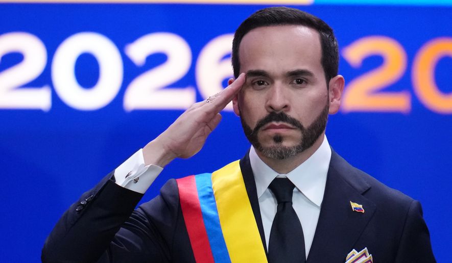 Colombia's President Abelardo de la Espriella salutes after taking the oath of office in Cali, Colombia, Aug. 7, 2026. (AP Photo/Matias Delacroix, File)