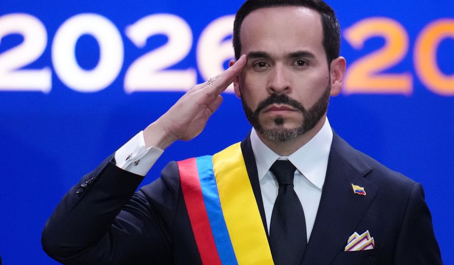 FILE - Colombia's President Abelardo de la Espriella salutes after taking the oath of office in Cali, Colombia, Aug. 7, 2026. (AP Photo/Matias Delacroix, File)