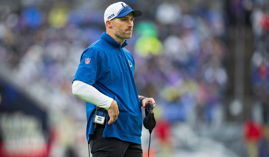 FILE - Indianapolis Colts special teams coordinator Brian Mason looks on during the first half of an NFL football game between the Baltimore Ravens and the Indianapolis Colts, Sept. 24, 2023, in Baltimore. (AP Photo/Julio Cortez, File)