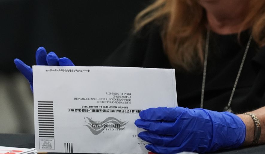 An election worker sorts vote-by-mail ballots at the Miami-Dade County Supervisor of Elections Office for the Florida primary election in Doral, Fla., Tuesday, Aug. 18, 2026. (AP Photo/Lynne Sladky)