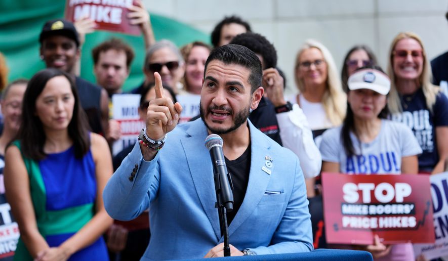 Democratic nominee for U.S. Senate Abdul El-Sayed speaks at a news conference at the base of the Spirit of Detroit monument in Detroit on Wednesday, Aug. 19, 2026. (AP Photo/Paul Sancya) **FILE**