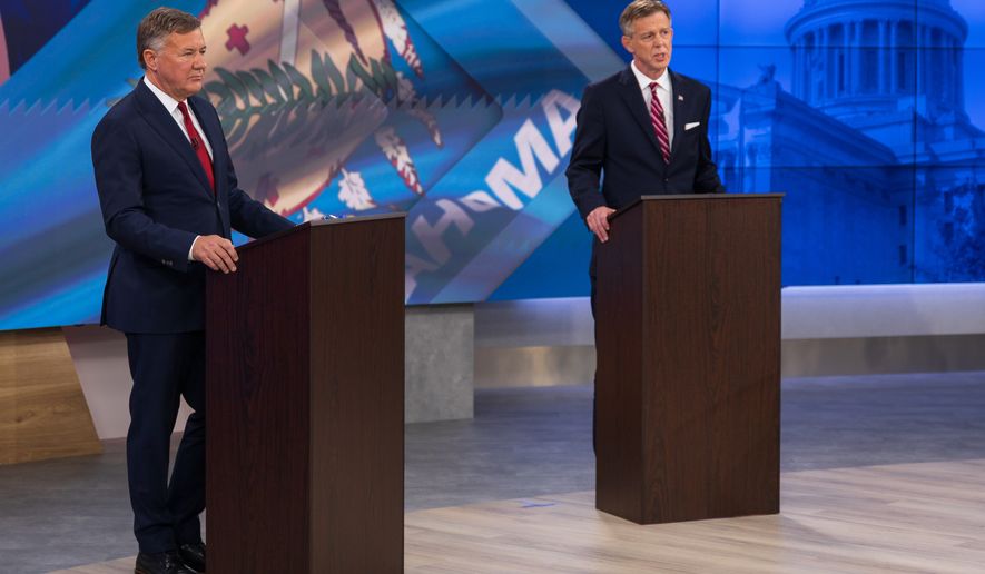 Oklahoma Republican gubernatorial candidates Gentner Drummond, left, and Mike Mazzei verbally spar at a televised debate in Tulsa, Okla., Aug. 3, 2026. (Jake Ramsey/Oklahoma Watch via AP)