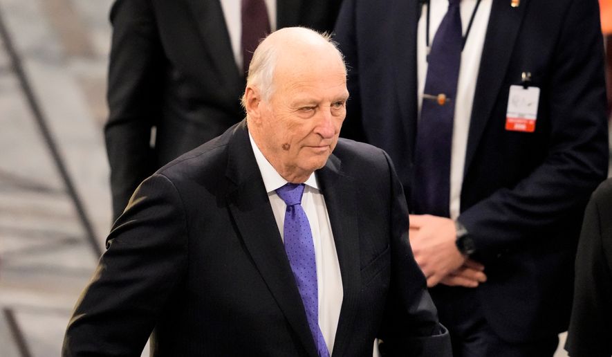 FILE - Norway's King Harald, centre, leaves the hall after the Nobel Peace Prize ceremony at Oslo City Hall, Norway, on Dec. 10, 2022. (AP Photo/Markus Schreiber, File)