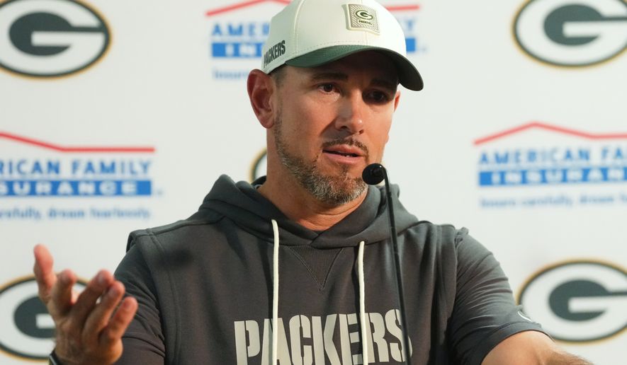 Green Bay Packers head coach Matt LaFleur responds to a question during a news conference after an NFL preseason football game against the Denver Broncos Friday, Aug. 21, 2026, in Denver. (AP Photo/David Zalubowski)