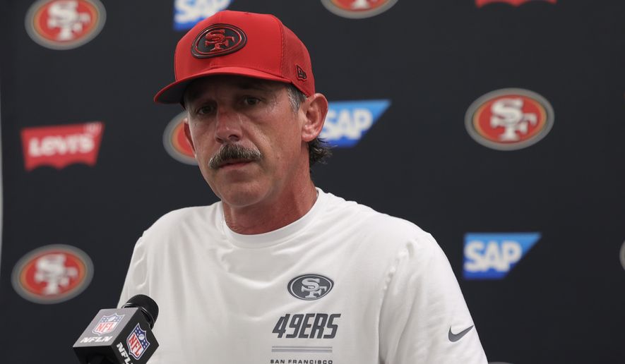 San Francisco 49ers head coach Kyle Shanahan speaks at a news conference after a preseason NFL football game against the Los Angeles Chargers, Thursday, Aug. 20, 2026, in Inglewood, Calif. (AP Photo/Ryan Sun)