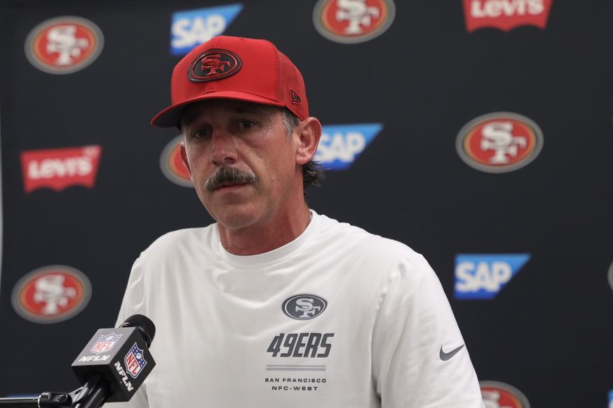 San Francisco 49ers head coach Kyle Shanahan speaks at a news conference after a preseason NFL football game against the Los Angeles Chargers, Thursday, Aug. 20, 2026, in Inglewood, Calif. (AP Photo/Ryan Sun)