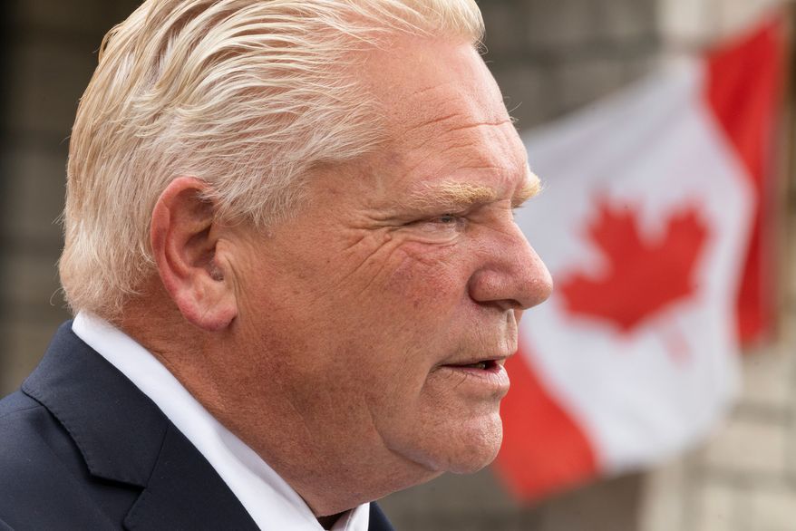 Ontario Premier Doug Ford speaks to media at a housing development in Hamilton, on Monday, Aug. 24, 2026. (Nick Iwanyshyn/The Canadian Press via AP)