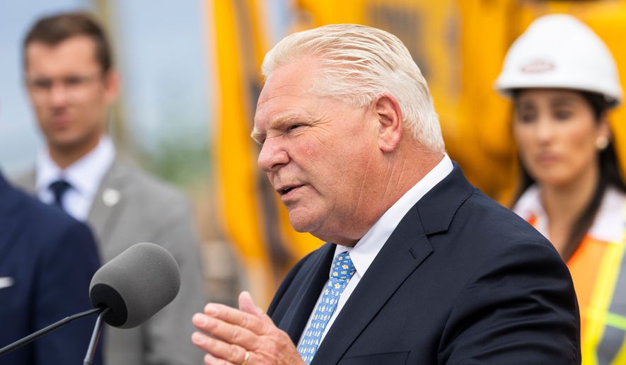 Ontario Premier Doug Ford speaks to media at a housing development in Hamilton, Ontario, Canada on Monday, Aug. 24, 2026. (Nick Iwanyshyn/The Canadian Press via AP)