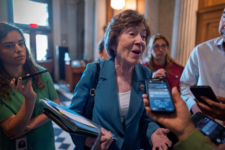 Sen. Susan Collins, R-Maine, responds to reporters at the Capitol in Washington on July 14, 2026. (AP Photo/J. Scott Applewhite) **FILE**