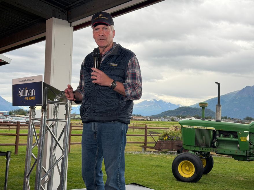 U.S. Sen. Dan Sullivan, R-Alaska, speaks in Palmer, Alaska, on Aug. 17, 2026. (AP Photo/Mark Thiessen) **FILE**