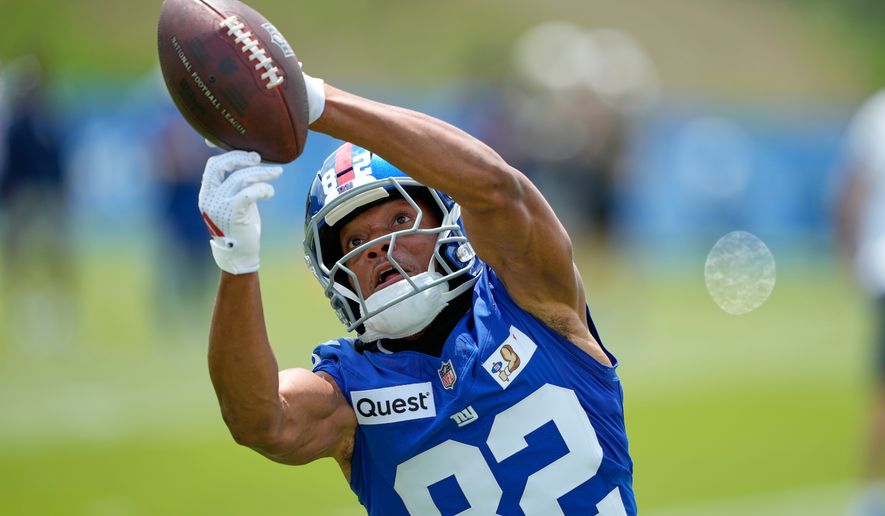 New York Giants' Calvin Austin III practices during an NFL football training camp, Wednesday, July 29, 2026, in White Sulphur Springs, W.Va. (AP Photo/Chris Carlson)