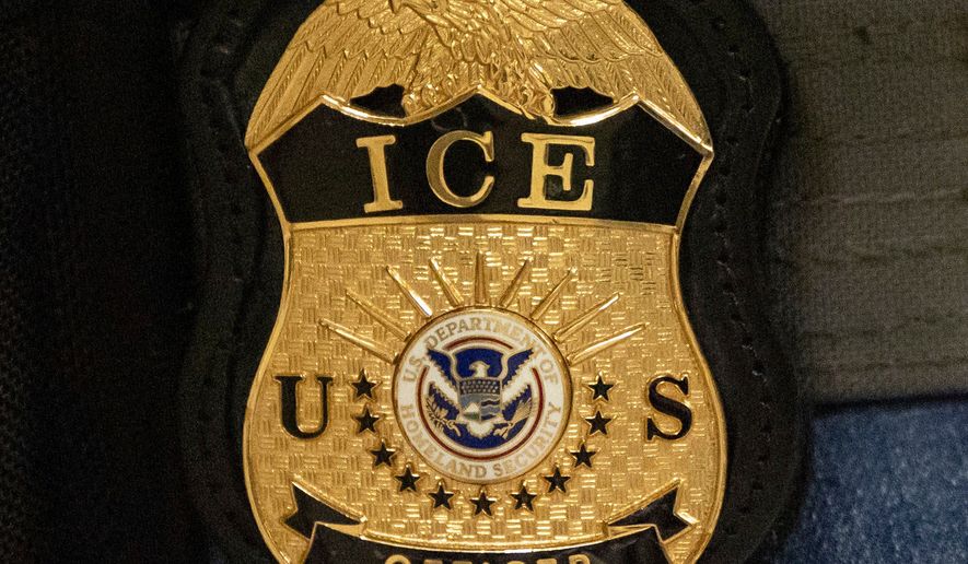 A federal agent wears an Immigration and Customs Enforcement badge in New York, June 10, 2025. (AP Photo/Yuki Iwamura, File)