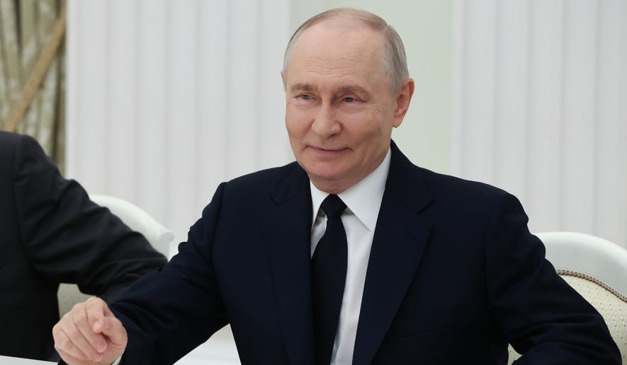 Russian President Vladimir Putin speaks to Indian Foreign Minister Subrahmanyam Jaishankar during their meeting at the Senate Palace of the Kremlin in Moscow, Monday, Aug. 24, 2026. (Sergei Karpukhin/Sputnik, Kremlin Pool Photo via AP)