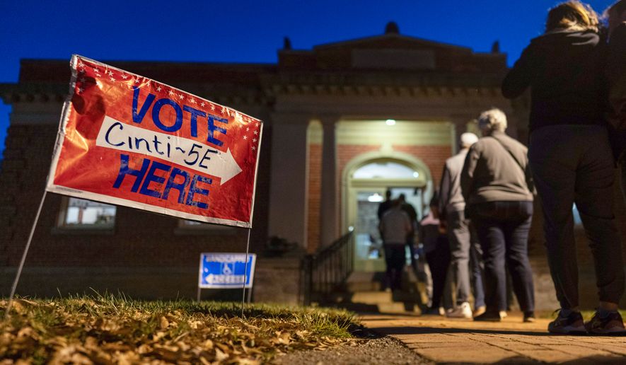 FILE - Voters line up to enter their polling place at the Cincinnati Observatory on election day, Nov. 5, 2024, in Cincinnati. (AP Photo/Carolyn Kaster, File)